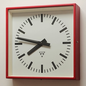 Vintage Pragotron Industrial Wall Clock, Red Metal Frame, Czechoslovakia