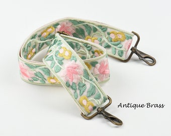 Green Pink Flower Embroidery Bag Strap Adjustable Crossbody Purse Strap