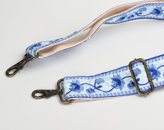 Blue and White Flower Embroidery Bag Strap Adjustable 