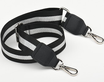 Black & Silver Stripe Canvas Bag Strap: Adjustable  display picture 1