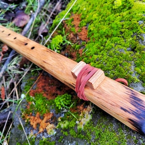 Puede incluir: Una flauta de madera con un acabado marrón oscuro y una correa de cuero roja. La flauta tiene seis agujeros para los dedos y está apoyada en una roca cubierta de musgo.