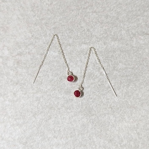 Ruby ear threaders, sterling silver threader earrings, long chain earrings, dangly earrings, Ruby birthstone, July birthstone