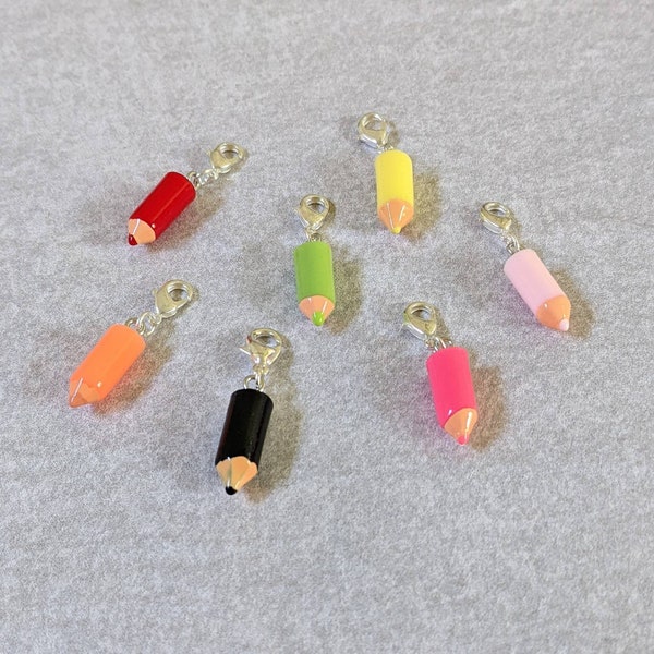 Resin pencil charms, mini bag charms, colourful pencil case charm, bright coloured pencil with silver clip, bag decoration, lobster clasp