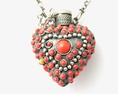 Vintage flask, snuff box pendant, necklace bottle silver heart set with coral red glass cabochon