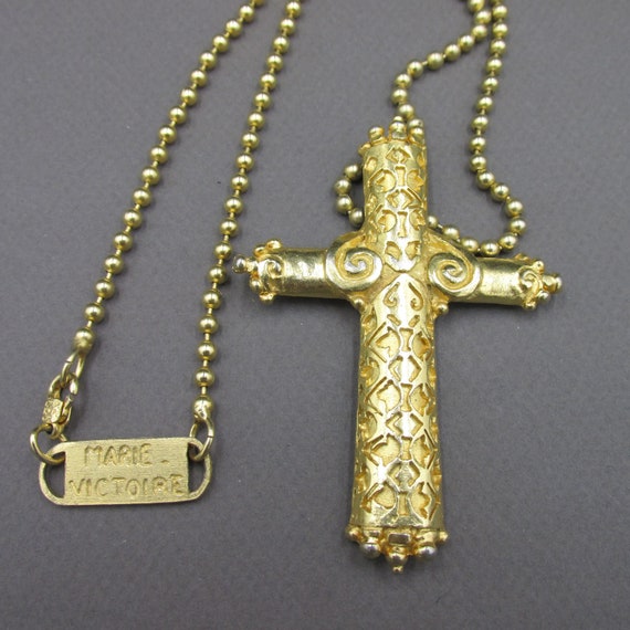 Collier vintage sautoir croix en métal plaqué or … - image 3
