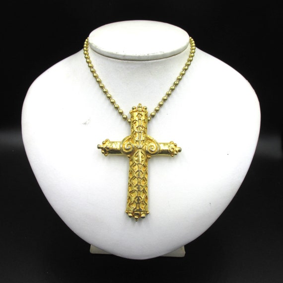 Collier vintage sautoir croix en métal plaqué or … - image 2