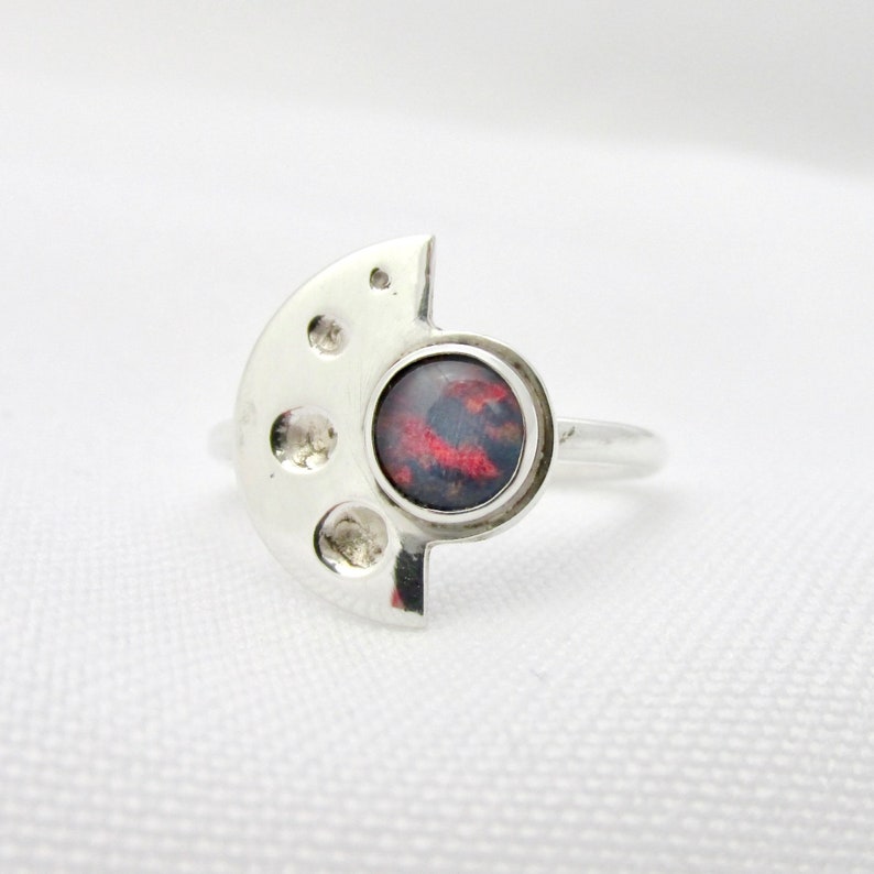 925 silver half moon and harlequin opal cabochon T 53 minimalist jewel designer jewel Half circle ring