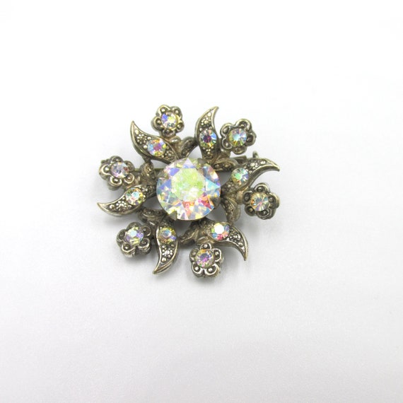 Broche vintage en laiton argenté sertie de strass… - image 1