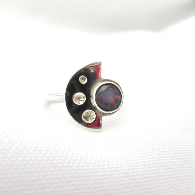 925 silver half moon and harlequin opal cabochon T 53 minimalist jewel designer jewel Half circle ring