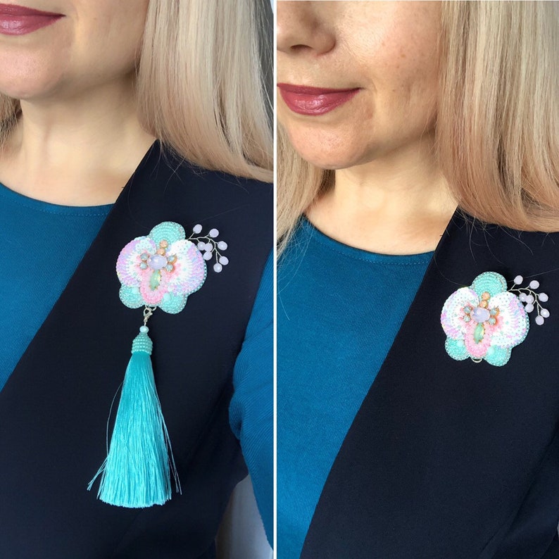 Embroidered flower brooch bridesmaid gift pink turquoise lapel rhinestone beaded boho shawl pin glass bead tassel floral orchid jewelry