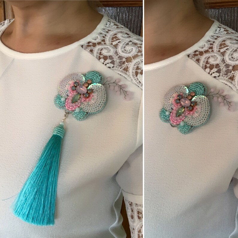 Embroidered flower brooch bridesmaid gift pink turquoise lapel rhinestone beaded boho shawl pin glass bead tassel floral orchid jewelry