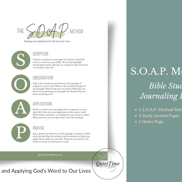 S.O.A.P. Study Method Guide and Bible Study Worksheets, Printable Bible Study, 5-Page Instant Download