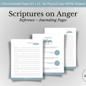 May include: Three printable pages featuring a blue watercolour design. The pages are titled "Scriptures on Anger" and include scripture references and space for journaling. The text "Quiet Time with Jesus" appears at the bottom of the page.