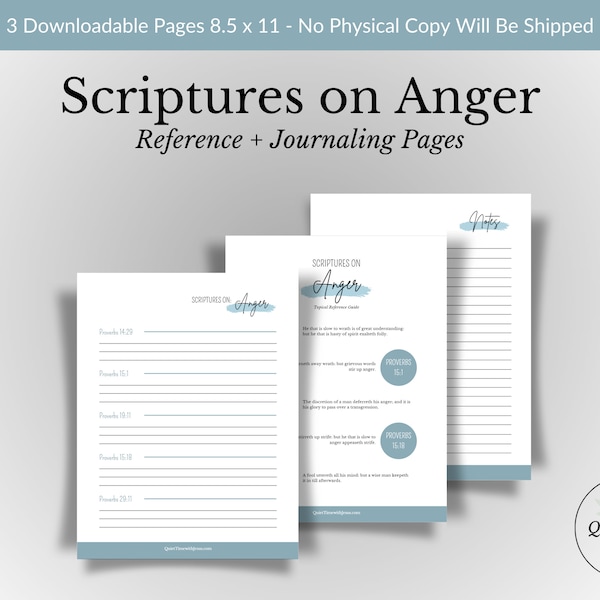 Scriptures on ANGER Topical Reference Guide and Journaling Pages | Bible Study Worksheets | Printable Bible Study | 3-Page Instant Download