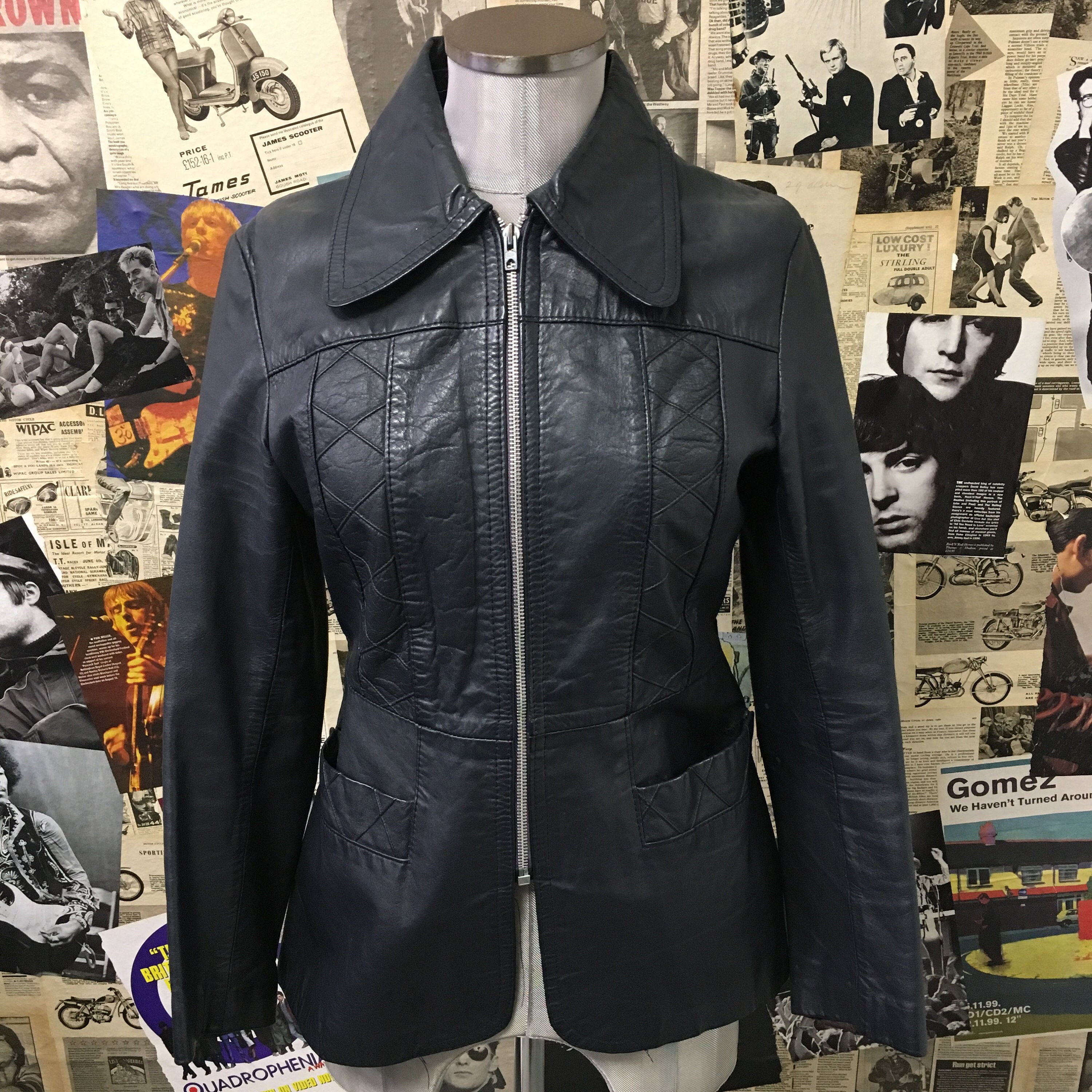 Classic Vintage Womens 1970 S Leather Jacket Blue Mod Collar Zip Size Uk 8 Free Worldwide Postage
