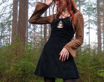 Mushroom Pinafore Dress in Caramel, Black or Green