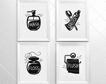 Bathroom Prints Set of 4: Wash, Brush, Floss, Flush (Digital Download)