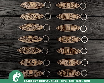 Surfing keychains svg files for Glowforge or Laser machines, Laser cut template, Surfboard keychains svg, Keychain svg