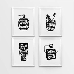Bathroom wall decor, Printable Art, Gallery prints set of 4, Wash hands sign, Brush teeth sign, Flush toilet sign, Bathroom art