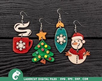 Christmas Earrings SVG Laser Cut Files: Snowman, Tree, Coffee Cup (Digital Download)