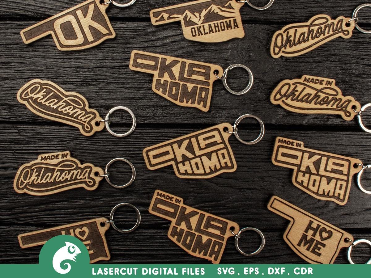 Oklahoma state svg files for Glowforge or Laser machines, Laser cut template, Oklahoma keychains svg, Keychain svg