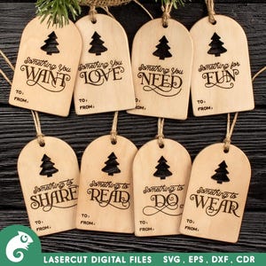 Peut inclure: Huit étiquettes cadeaux en bois avec un motif de sapin de Noël et le texte "Something you want", "Something you love", "Something you need", "Something for fun", "Something to share", "Something to read", "Something to do", et "Something to wear".