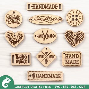 Paquete de etiquetas de madera cortadas con láser, etiquetas hechas a mano, archivos SVG para manualidades de costura (descarga digital)