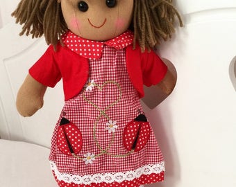 Personalised Poppy Rag Doll, ladybird, baby gift, new baby, dolly, embroidered, doll with name, 1st birthday, flower girl