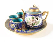 Vintage small miniature teaset teapot teacups Boho decor mid-century decor cloisonne enamel on brass Chinese art
