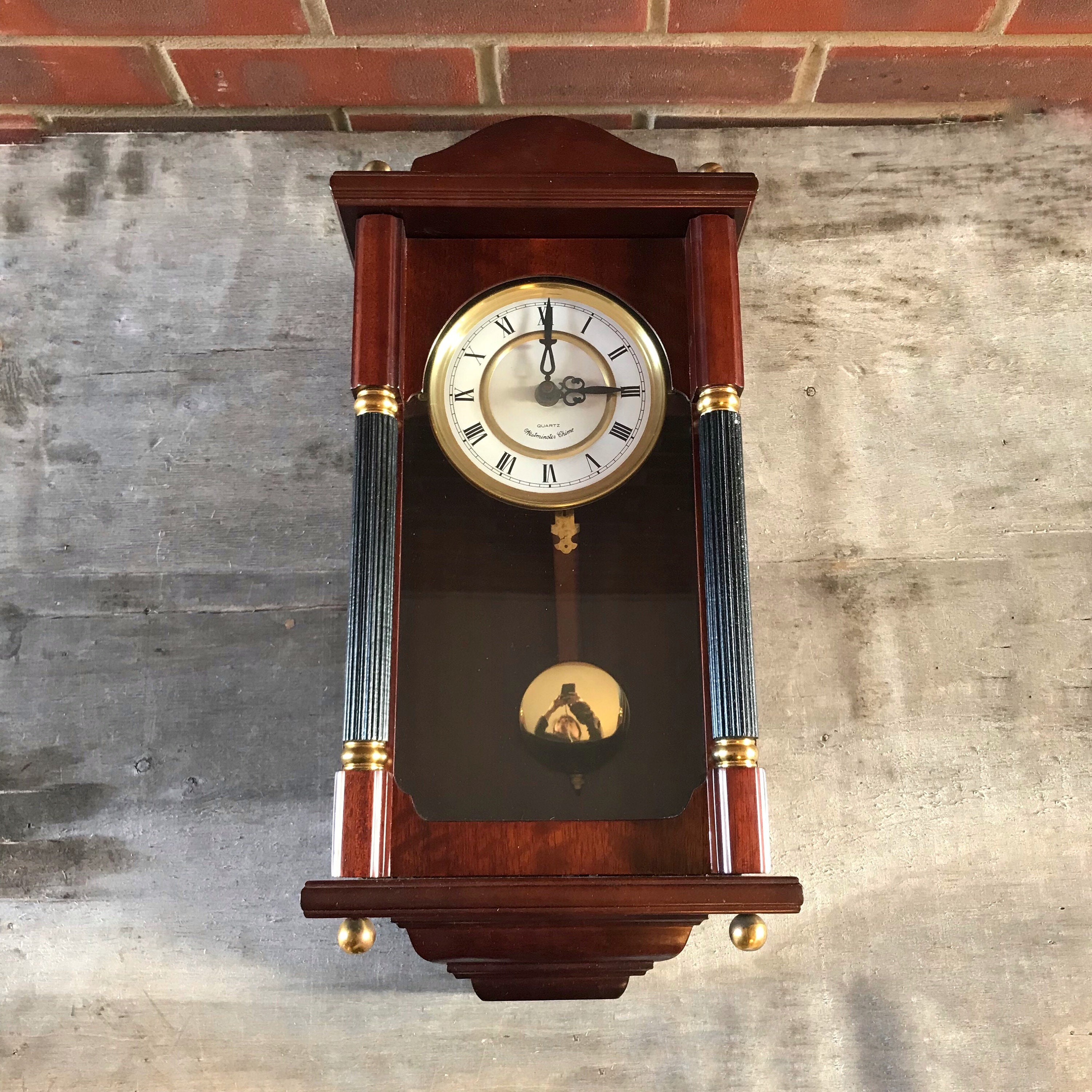 Vintage large wall clock chiming pendulum brown wooden Quatrz Etsy