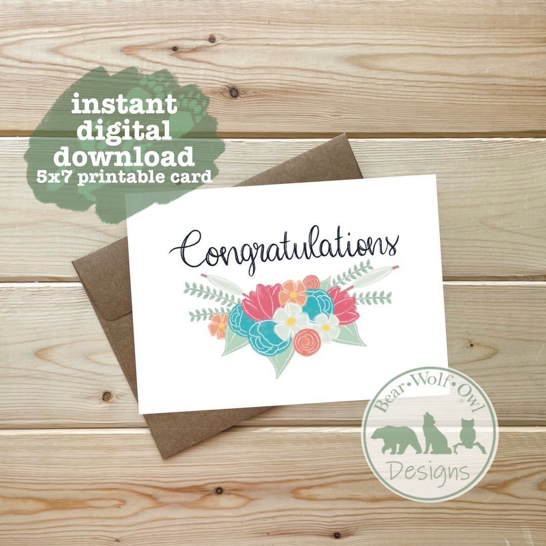 Congratulations | Floral Card | Instant Digital Download | Printable ...
