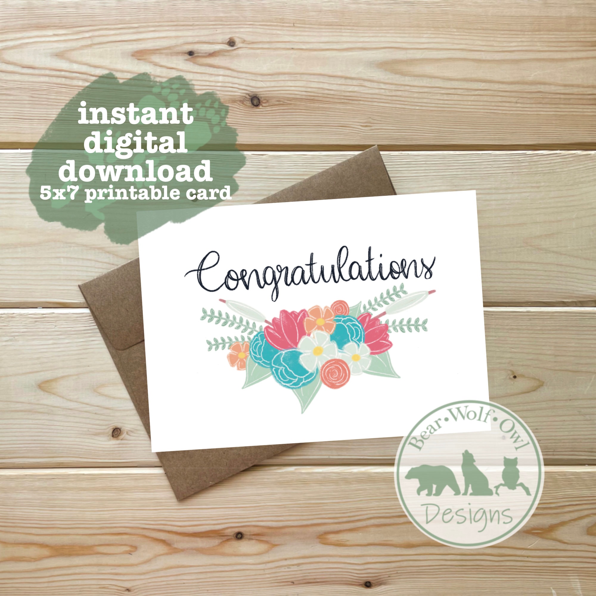 Congratulations | Floral Card | Instant Digital Download | Printable ...