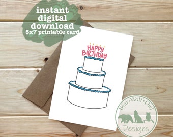 Happy Birthday Cake Card | Instant Digital Download | Printable Greeting Card | Instant Download PDF, JPEG and PNG