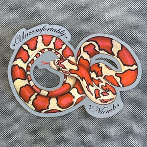 May include: A red and white snake with black text that reads "Uncomfortably Numb" on a grey background.