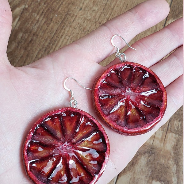 Blood Orange Earrings, real orange earrings, real fruit jewelry, fruit jewelry, slices of citrus