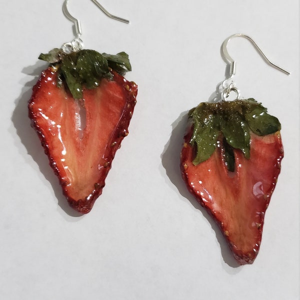 Strawberry Earrings, real strawberry earrings, real fruit jewelry, fruit jewelry, slices of citrus