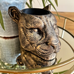 3D Printed Puma Head Planter: Gold Animal Desk Tidy