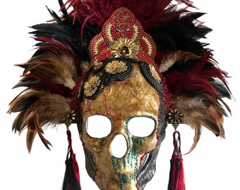 Skull Masquerade Mask: Gothic Dark Academia Mask with Feathers