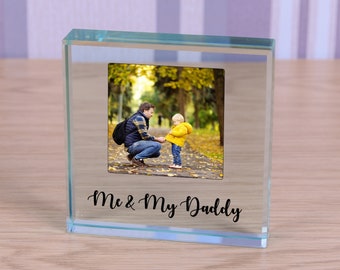 Personalised Me and My Daddy Glass Token Photo Engraved Glass Block Paperweight Gift Glass Block Daddy and Me Birthday Christmas Fathers Day
