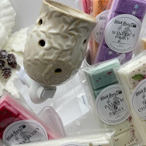 May include: A white ceramic wax warmer with a leaf design and a white plug-in cord. The warmer is surrounded by various scented wax melts in clear packaging. The wax melts are labeled with the names "Winter's Pantry", "Balm & Berry", and "Cranberry".