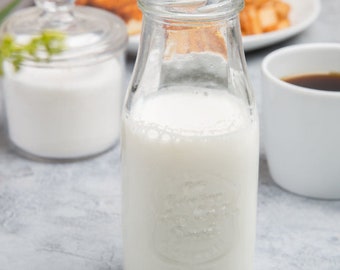 10 oz. Embossed Glass Milk Bottle with WHITE Lid