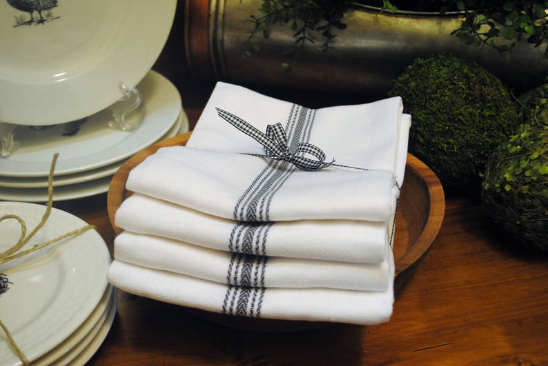 Farmhouse Vintage Hand Towels set of 4 Charcoal & White image 1
