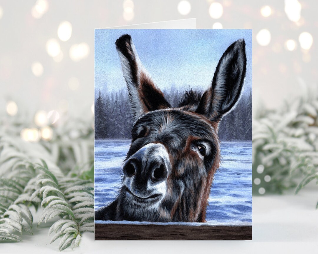 Donkey Christmas Card Winter Donkey Christmas Card Art Card Illustrated