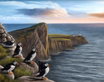 Original Pastel Artwork of Puffins. Wildlife Art. Original Art. Wildlife Room Wall Art. Puffin. 16" x 12".