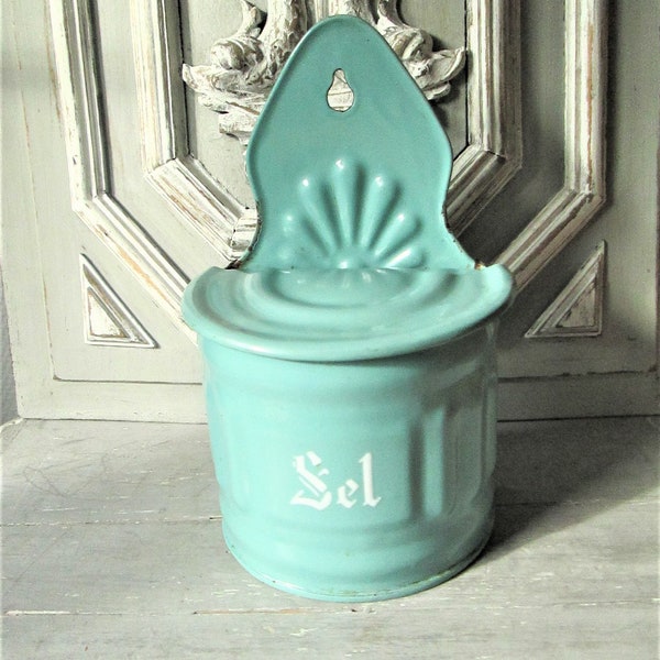 Antique French enamel salt box exquisite turquoise green circa 1930's French enamel boite a sel salt box.