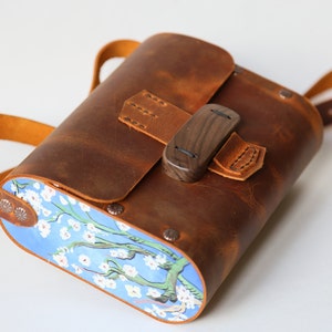 COSMO HANDMADE Van Gogh Inspired Leather Purse with wooden details Handcrafted Crossbody Bag image 3