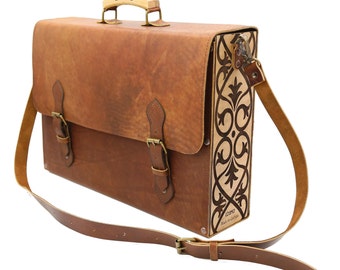 COSMO HANDMADE - Sac messager en cuir de créateur - Sac pour ordinateur portable de voyage/travail pour femme/homme - Sac à bandoulière marron en bois