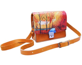 COSMO HANDMADE - Custom Painted Crossbody Bag, Autumn art with leaves, Painted leather purse, Sunflower art, Leather bags for women