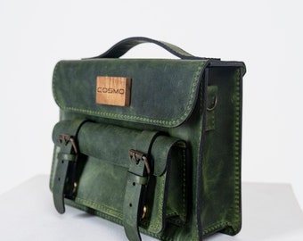 COSMO HANDMADE - Spacious Green Leather Satchel: Perfect for Work & Everyday