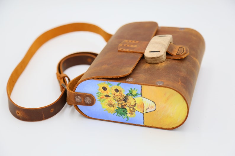 Genuine leather shoulder bag, Hand Painted Vincent Van Gogh Sunflowers Painting Reproduction On Crossbody bag for women, Handmade purse 